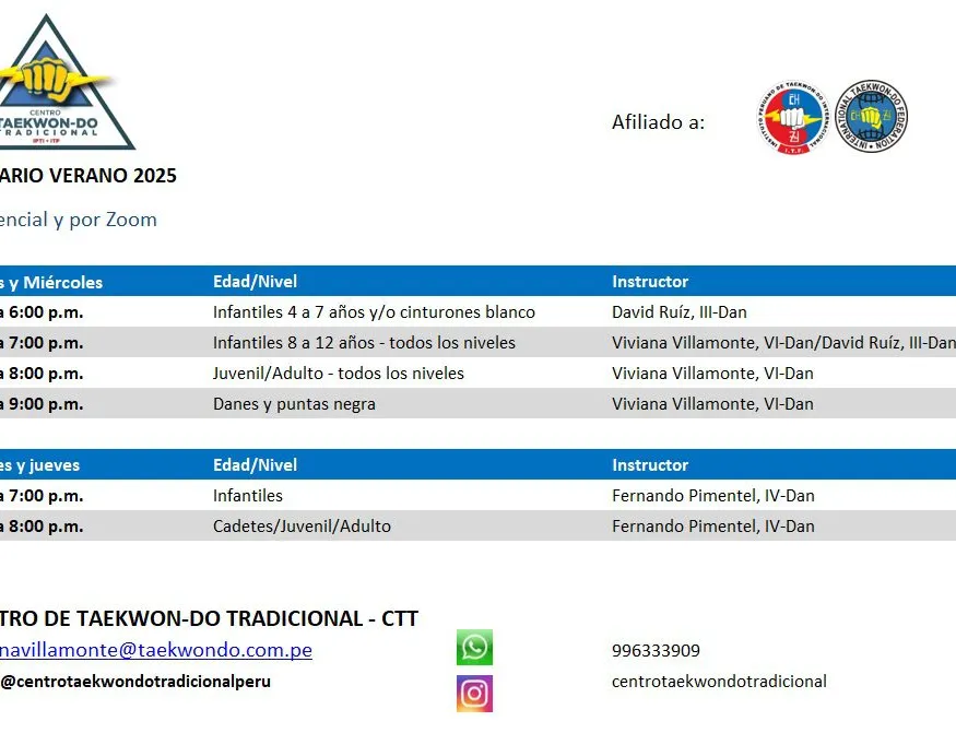 Horario Verano Centro de Taekwon-Do Tradicional (CTT) Dojang
