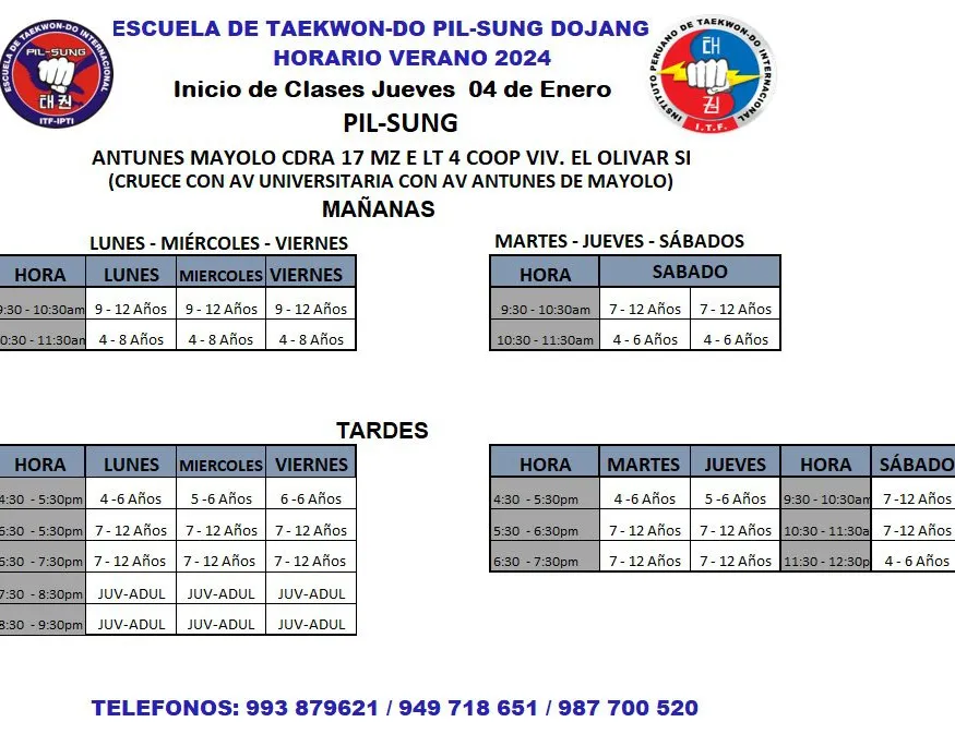 Horario Verano Pil-Sung Dojang
